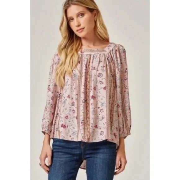 Mauve Bohemian Floral Print Peasant Long Sleeve Tie Back Square Neck Blouse - Picture 6 of 6